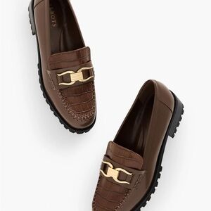 Talbots Brown Croc-Embossed Loafers with Gold Detail